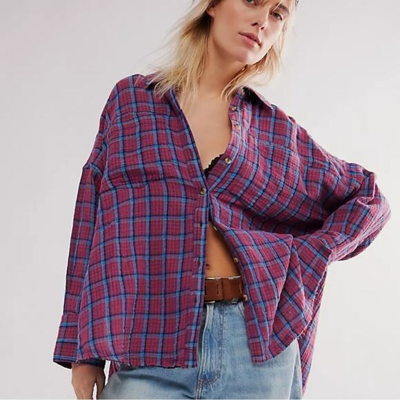 Free People Oversized Bohemian Grunge Fall Cardiff Plaid Swing Top Shirt Medium - Picture 7 of 14
